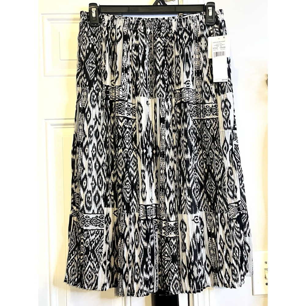 NWT Alfred Dunner Womens Medium Pleated Midi Skirt Black White Boho Cottagecore